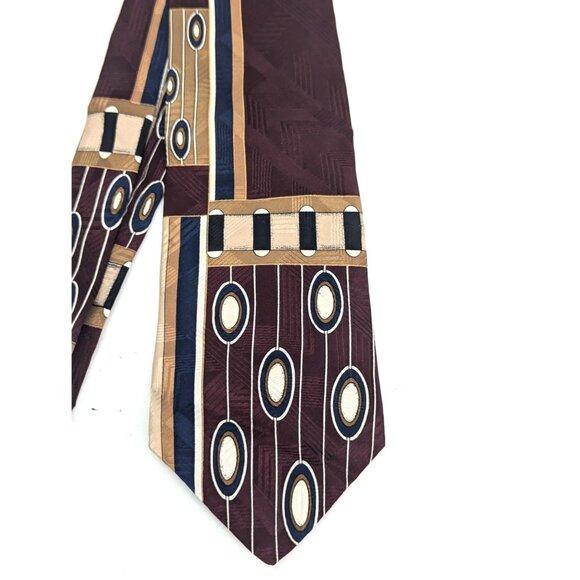 Conte di Milano Men Silk Necktie Burgundy Gold Geometric Standard 57 Inch - Picture 2 of 6